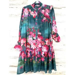 LAI MENG FIVE CATS Womens M Multi floral lightweight button up mini dress NEW